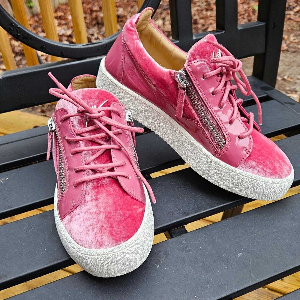 NEW Giuseppe Zanotti Mauve Pink Crushed Velvet Patent Lthr Sneakers EU 37 US 7